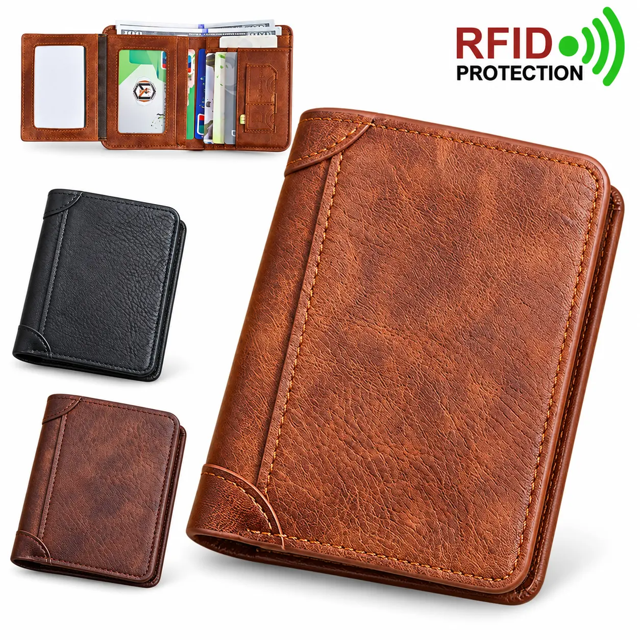 Large-Capacity Trifold Wallet for Men, RFID Blocking PU Leather Wallet with Multiple Card Slots, 2 Clear ID Windows for Driver’s License & Work Badge