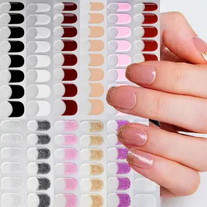 Semi Cured Gel Nail Strips French 16PC Glitter UV Nails Gel Nail Stickers Clear Pink French Nail Polish Strips UV Light Required