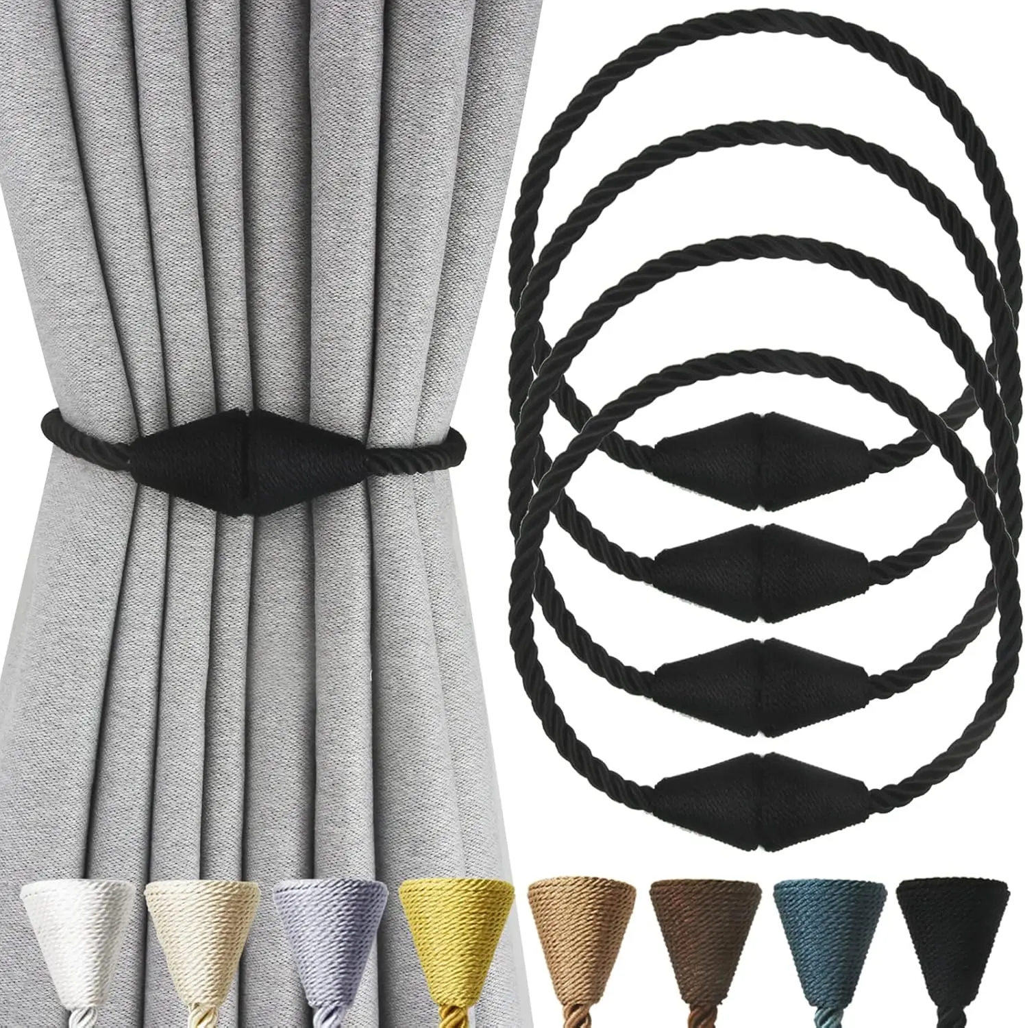 4PCS Black Magnetic Curtain Tiebacks with Modern Twist Rope Design - Durable Contemporary Style for Living Room, Office & Home Decor