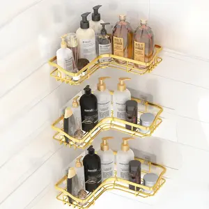Gold Corner Adhesive Shower Caddy，Rustproof Stainless Steel Corner Shower Shelves for Bathroom Kitchen, No Drilling Wall Mounted Shower Rack for Inside Shower, 3 Pack