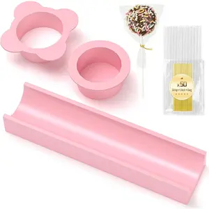 Round Cake Pop Mold Set with 50PCS Sticks Bags Ties, 1.75 Inch Cake Pop Cutter and Pusher, Dishwasher Safe Baking Molds for Birthday Wedding Kids Party Desserts-Pink