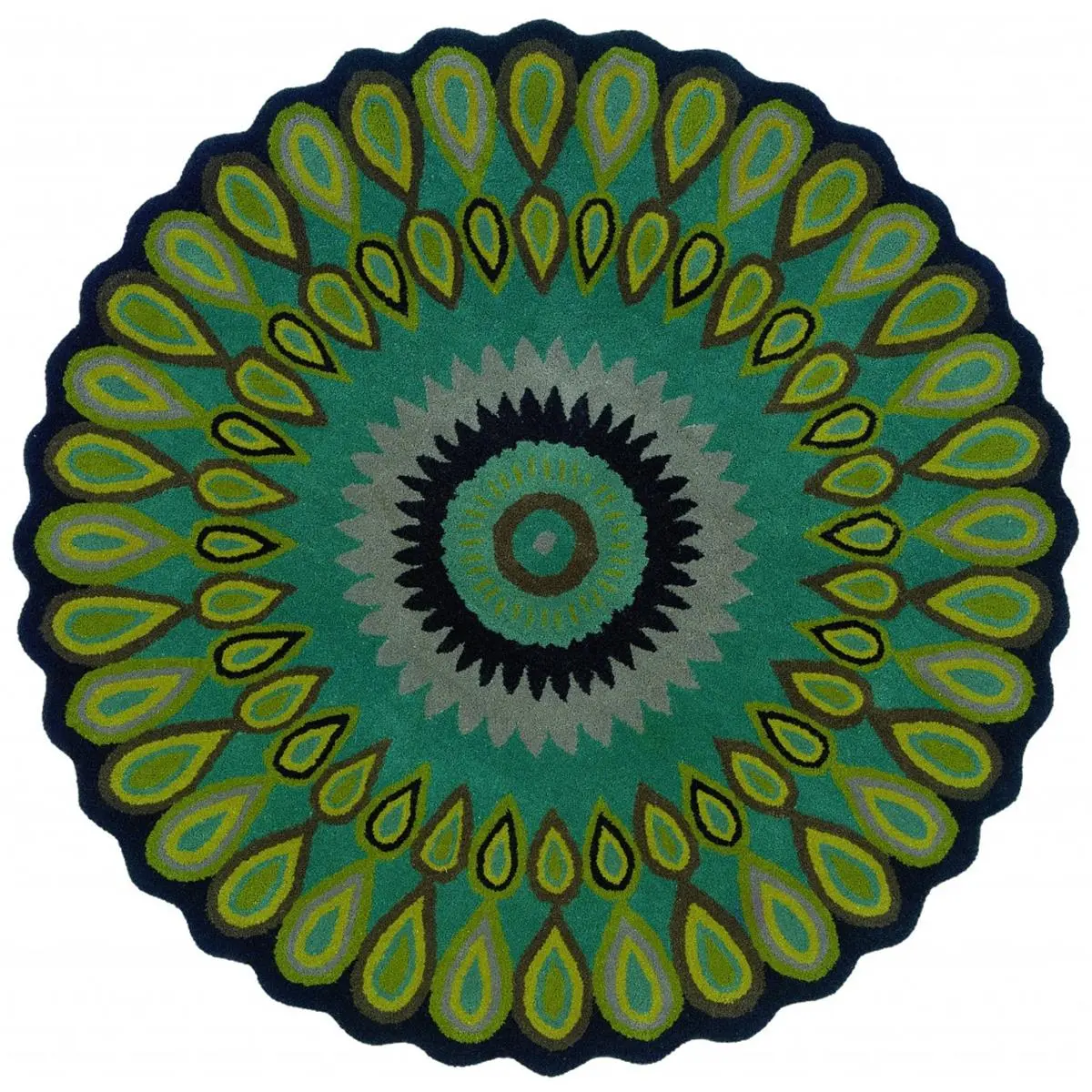 3 ft. Round Green Peacock Feather Area Rug
