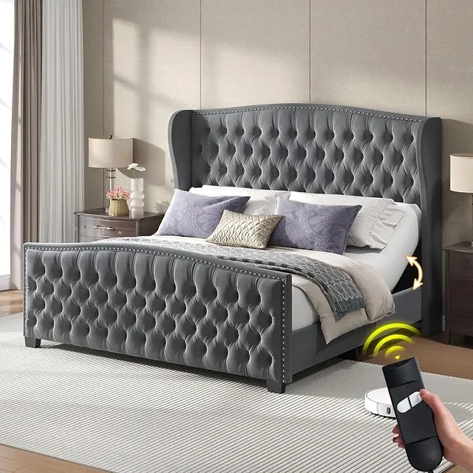 【Ships in 2 Boxes】AMERLIFE Adjustable Bed Frame, 50.8" H Velvet Upholstered Bed with Wingback Headboard and Deep Button Tufting, Platform Bed Frame with Dual Motor and Remote Control, No Box Spring Needed