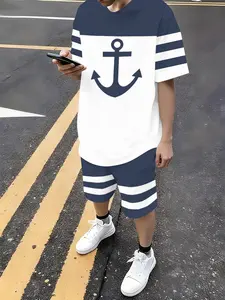 Classic Colorblock Print Suit, Vintage Sailor Style, Fitted Track Shorts, Casual Summer Sea Breeze Feel