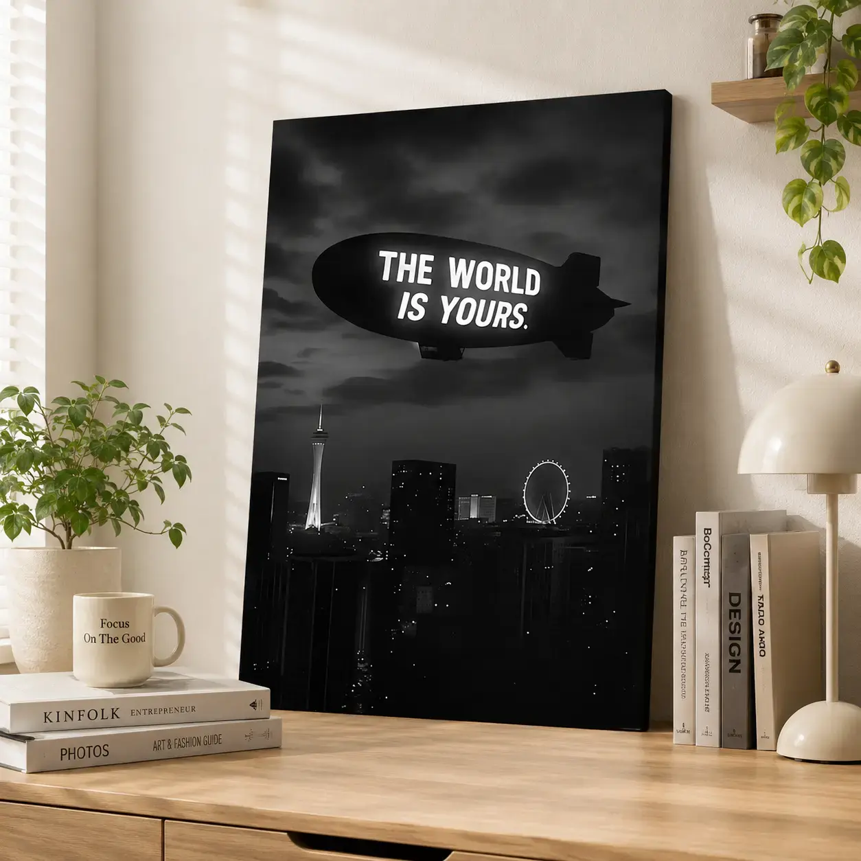 2D flat print canvas wall art, “The World Is Yours” airship cityscape poster, modern home decor wall decorations, motivational wall art print gift for living room, bedroom, office, apartment interior decor bedroom wall decor