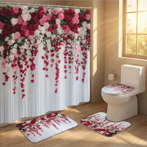 1/4 Bathroom Set, Shower Curtain, Toilet Three-Piece Combo, Waterproof Curtains, Non-Slip Floor Mat, Bathmat, Lid Pad, Foot Pad
