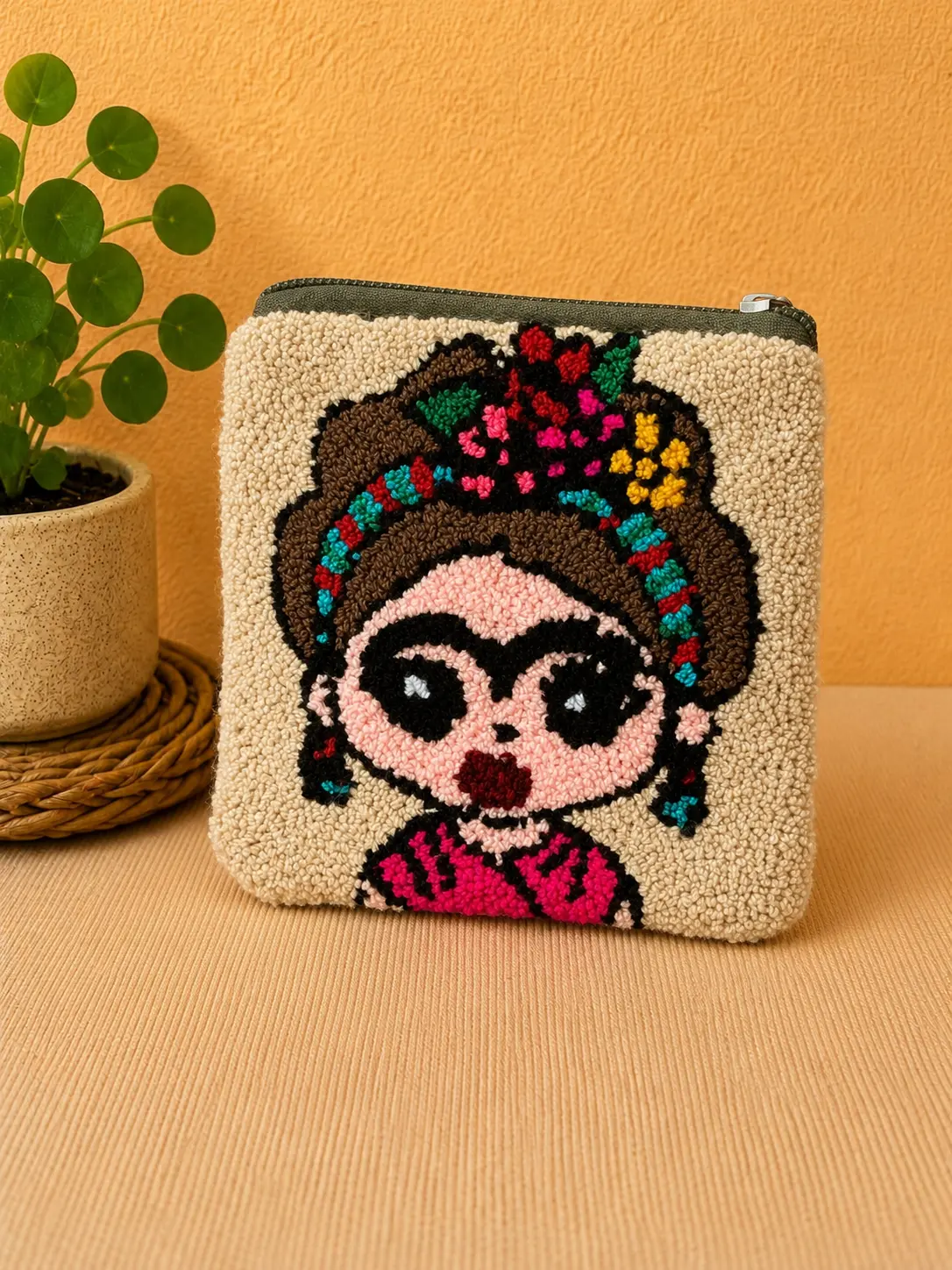 Handmade "Playful Portraits" Punch Needle Coin Purse - Artisan Character Zipper Pouch, Colorful Tufted Make-up Bag, Functional Pouches for Cosmetics, Pouches Make-Up Bags