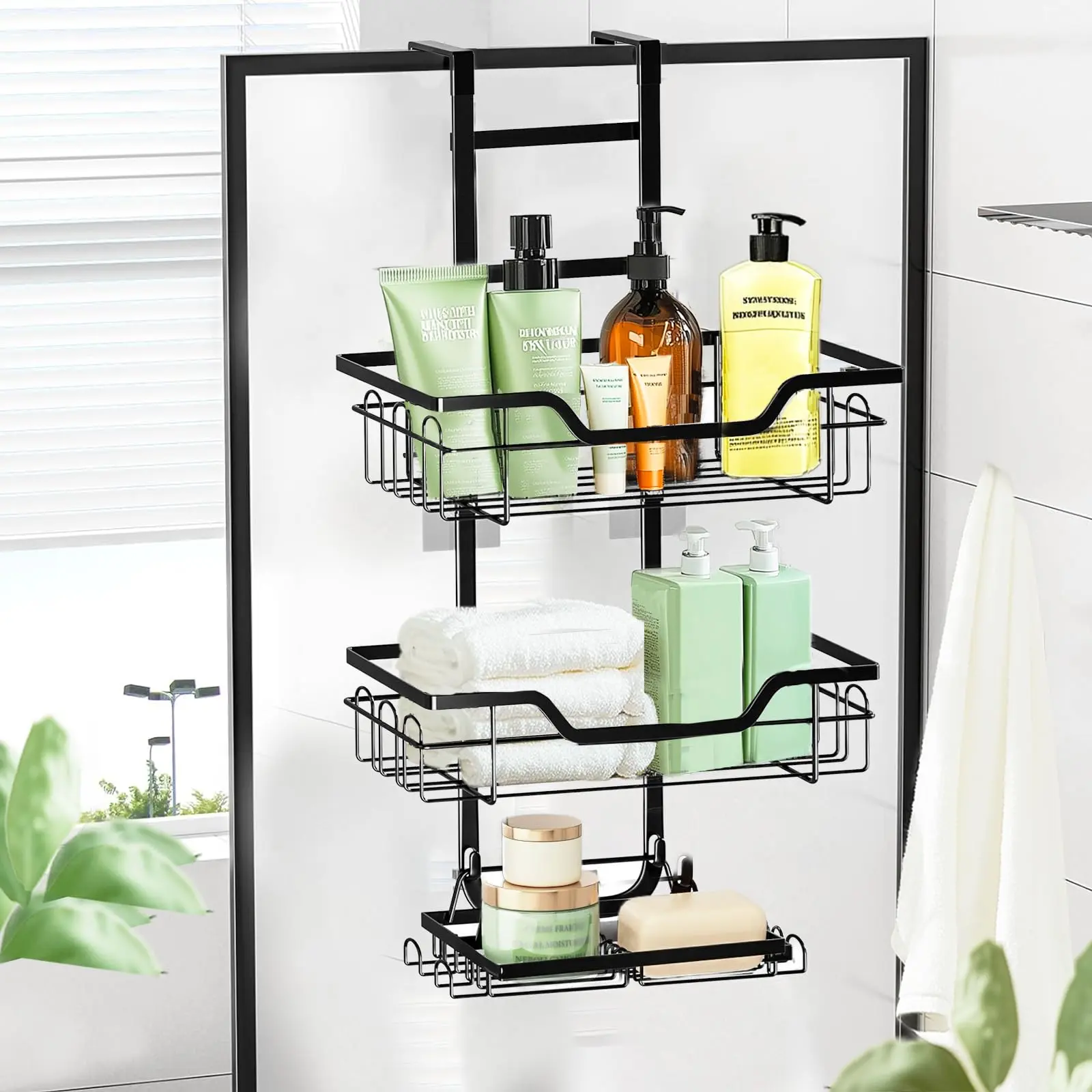 3-Tier Stainless Steel Over-the-Door Bathroom Organizer - Waterproof Hanging Shelf, Hollow Perforation-Free Shower Caddy with Soap Rack, Hooks, Rubber Grips, No-Drill Easy-Install Practical Shower Storage for Toiletries & Beauty Products