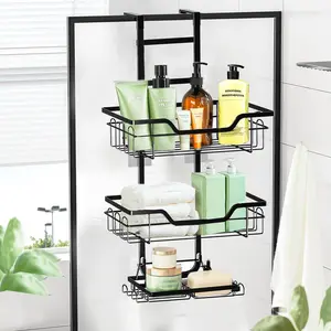 3 Tier Over the Door Shower Caddy, Hanging Shower Caddy Perforation-Free Bathroom Organizer, 3-Tier Wall Hanging Basket with Soap Rack & Hooks, Easy Install No Drill Required