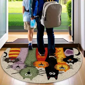 Half Round Cartoon Cat Door Mat, Colorful Non-Slip Indoor Outdoor Pad, Entrance Hall Garden Kitchen, Durable Polyester, Cat Lover Gift, Animal Printed Rug