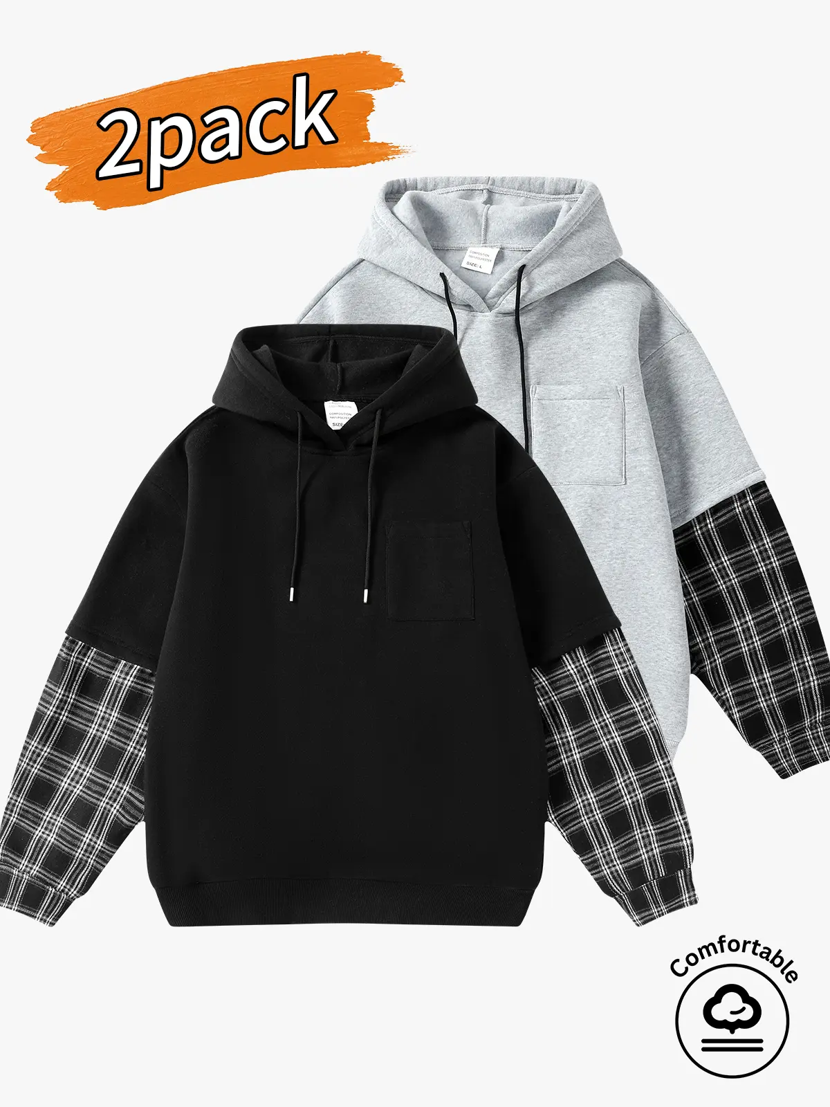 Men’s 2-pack tops: men’s casual hooded sweatshirt, men’s patchwork plaid casual sweatshirt.Plaid paneled long-sleeve design with a drawstring hood that allows for adjustable tightness; loose fit that accommodates different body shapes and looks slimming,