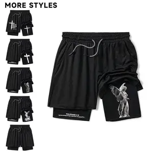 Men's Regular Fit Cross Print 2 in 1 Drawstring Waist Shorts,Casual Pocket Track Shorts for Summer,Fashion Men's Bottoms for Daily Wear