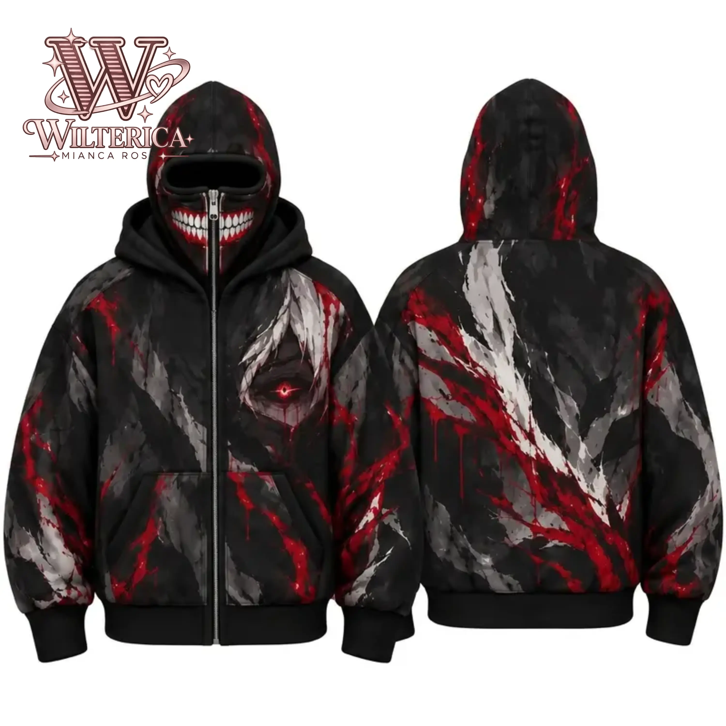 Tokyo Ghoul Kaneki Ken Dark Anime Horror Full Zip Face Cover Hoodie, Red Eye & Creepy Teeth Graphic Zip Up Hoodie, Black Red Gothic Streetwear Hooded Jacket, Unisex Y2K Oversized Sweatshirt