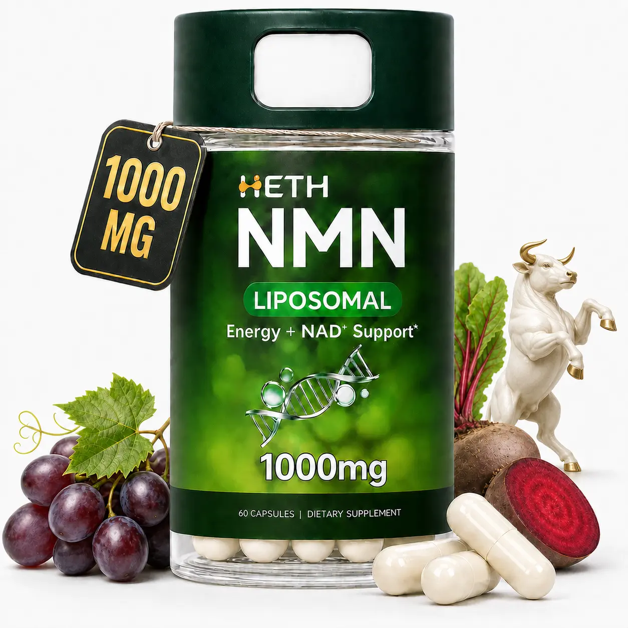 HETH Liposomal NMN 1000mg Supplement NAD+ & Cellular Energy Support 4-in-1 Formula with Resveratrol Taurine & TMG 60 Vegan Capsules GMP Certified Non-GMO Made in USA Healthcare Vitamin