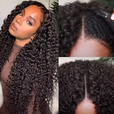[NEW IN] Bling Hair Kinky Curly V Part Wig Human Hair No Leave Out No Glue Brazilian Deep Curly Wave Upgarde U Part Human Hair Wig for Women 180% Density