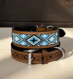 Leather Beaded Dog Collar Full Grain Leather 1.5" Wide Handcrafted Western Floral Design Heavy Duty Solid Metal Buckle D Ring Comfortable Sturdy Natural Brown Tone