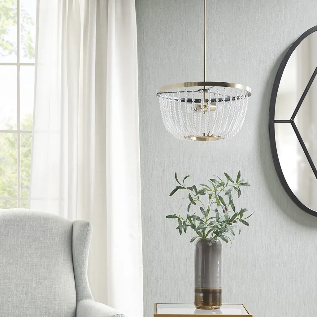 Antique Brass 2-Light Iron Acrylic Beaded Chandelier, Contemporary Adjustable Height Indoor Lighting with 2 Type A Bulbs, 4 Rods, 42.25" Cord, 9W LED Compatibility for Dining Room