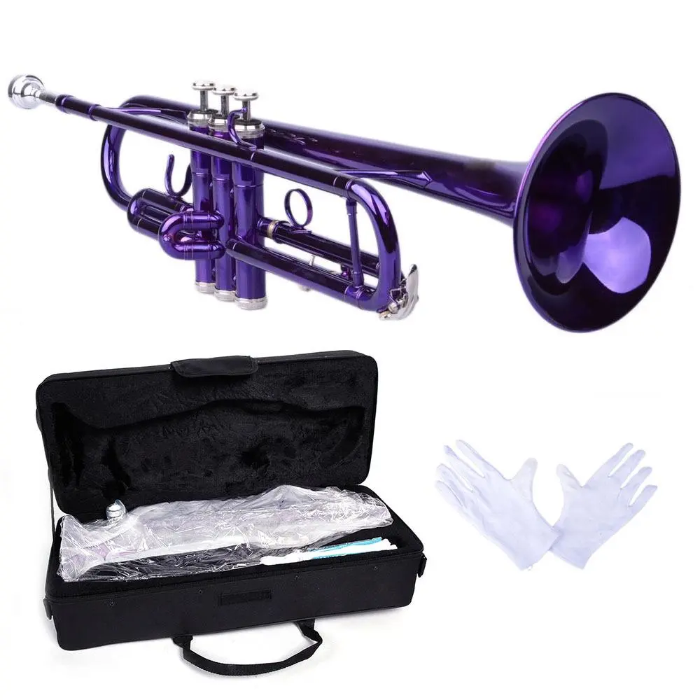 Violet Brass Trumpet for Beginners - Durable Portable Wind Instrument Complete Kit with Mouthpiece, Gloves, Accessories, Case, 3-7 Days Fast Delivery