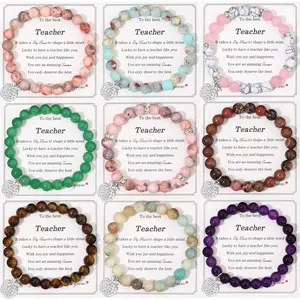 9Pcs Adjustable High-Quality Natural Stone Bracelets, Premium Costume Jewelry with Red Fruit Pendant, Elegant Teacher Appreciation Holiday Gift