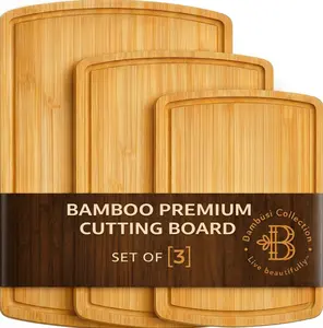Natural Bamboo Cutting Board Sets - Wooden Chopping Boards with Juice Grooves & Built-In Handles - Reversible Kitchen Board For Meal Preps and Serving - Stylish, Durable & Knife-Friendly,
