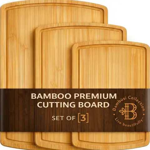 Bambüsi Natural Bamboo Cutting Board Set – Reversible Wooden Chopping Boards with Juice Grooves & Built-In Handles for Meal Prep & Serving
