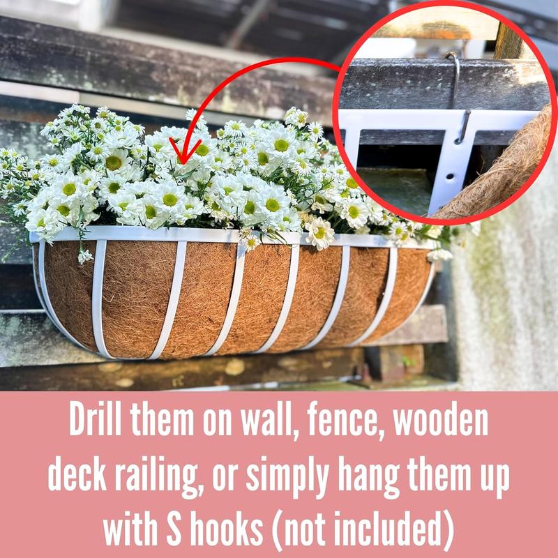 LaLaGreen Window Planter Box (24 Inch, 2 Pack) White Metal Deck Railing Flower Boxes with Coco Liners, Rectangular Wall Planters for Outdoor Plants Horse Troughs Fence Balcony Garden Herb Patio Porch