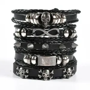 2026 New 5PCS Men’s Punk Skull Bracelet Set - Black PU Leather & Alloy, Adjustable Retro Hand-Woven Unisex Jewelry