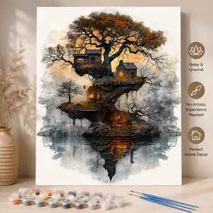 Beginner DIY Adult Digital Painting Kit - Includes Paint, Canvas, and Brushes | Tree House Island Scenery Paint by Numbers Kit for Adults | 40x50cm/15.74x19.68in, Frameless, Suitable for Home Decor, Family Activities, Father's Day, Mother's Day, Black Fri