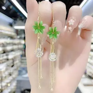 LisiZen Elegant Super Shiny Green Flower Threader Earrings, Fashion Long Tassel Jewelry Accessories DZEH4086