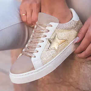 Dear Lover Gold Glitter Star Patchwork PU Leather Lace-up Sneakers