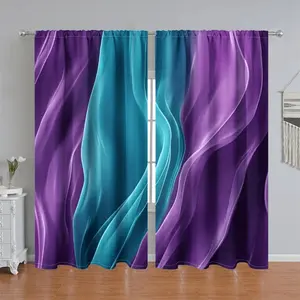 2Pcs Abstract Wave Printed Curtain Panels, Purple & Teal Gradient Design, Pole Pocket Style, Semi-Sunshade Polyester Fiber, Suitable for Home Living Room, Bedroom, Balcony, Kitchen, Study and Shower Window Decoration, Accessory, Anti Pri