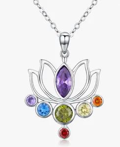 TANGPOET Chakra Necklace Sterling Silver Lotus Pendant Necklace Healing Crystal Dragonfly Jewelry Birthday Christmas Gifts for Women Mom Daughter 18" to 20" Chain