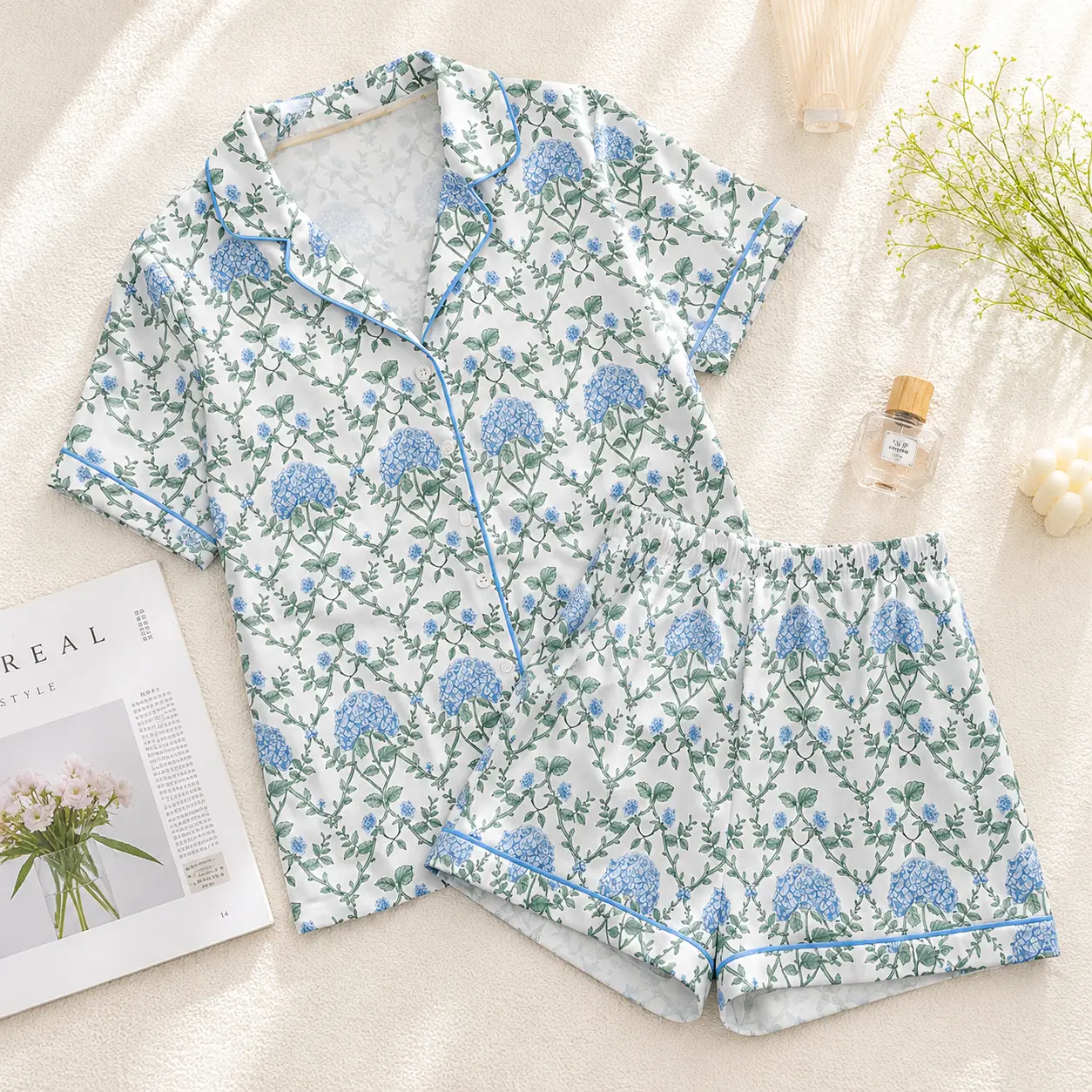 Blue Green Hydrangea Print Women's Pajama Set, Silky Satin Button Front Sleepwear, Lightweight Short Sleeve Lounge Set for Women