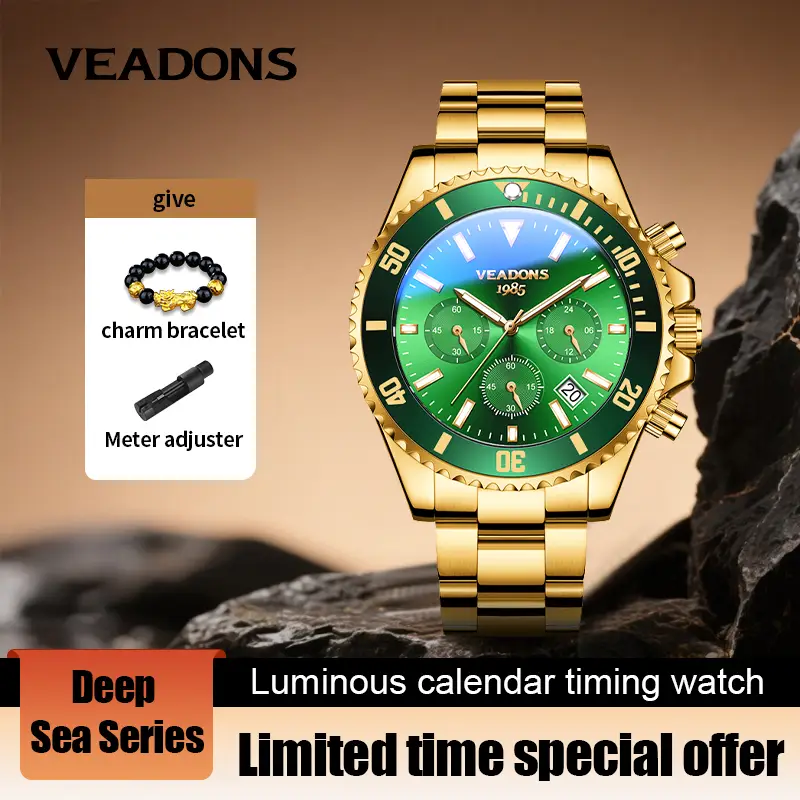 【dealsforyoudays】Veadons Men's Luxury Dress Watch, Green Dial, 40mm Stainless Steel Strap, Rotating Quartz Analog, Waterproof Luminous Large Dial Boss