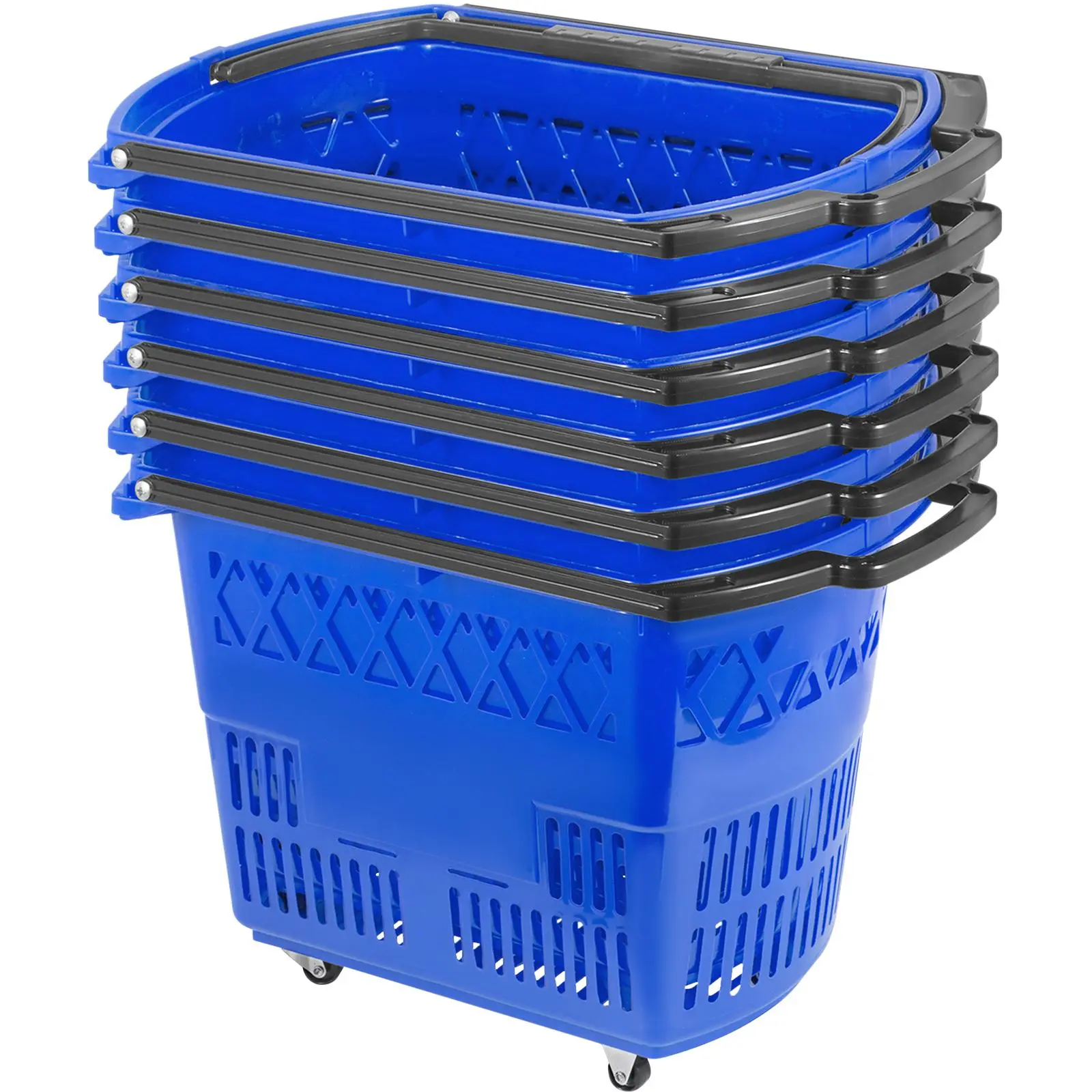 6-Pack Rolling Shopping Basket Set, Thickened Plastic Baskets with Foldable Handles & Smooth Swivel Casters, Blue Grocery & Retail Organiser, Collapsible Storage Baskets