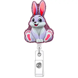 Cartoon Rabbit Design Badge Holder, 1 Count Retractable Badge Reel, Acrylic ID Holder with Clip for Nurse, Doctor, Student & Office Staff