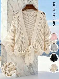 Women's Hollow Out Knit Cardigan, Short V-Neck Design, Breathable All Season Outerwear, Casual Fitted Sweater for Spring & Summer, Knitwear