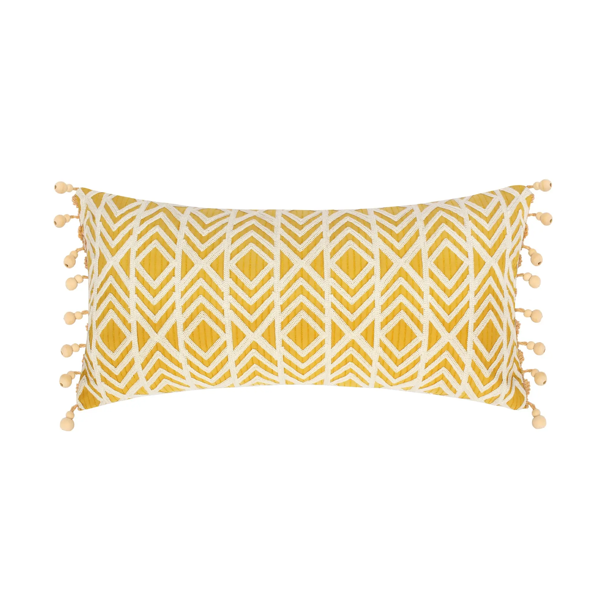 Ashika Ochre Embroidered Pillow - 12x24 in, Beaded Trim, Feather Inner, Decorative Accent, Versatile Bedding & Soft Furnishings Accessory, Abstract Geometric Design Standard Pillows