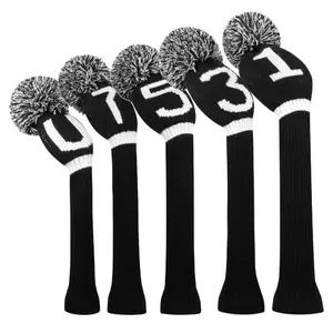 Scott Edward Knit Golf Club Cover with a Pom Set of 5 Head Covers Protect Driver Wood(460cc) 1 Fairway Wood2 and Hybrid/UT2 with Rotating Club Number Tags