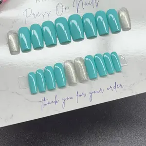 Medium square Press on nails silver glitter teal light blue handmade custom gel