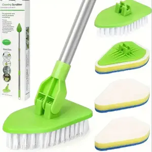 Shower Cleaning Scrub Brush with Long Handle, 1 Set Cleaning Scrubber with 3 Sponge Brush Heads and 1 Stiff Bristle, Cleaning Supplies, Home Care Supplies, Bathroom Cleaning Tool