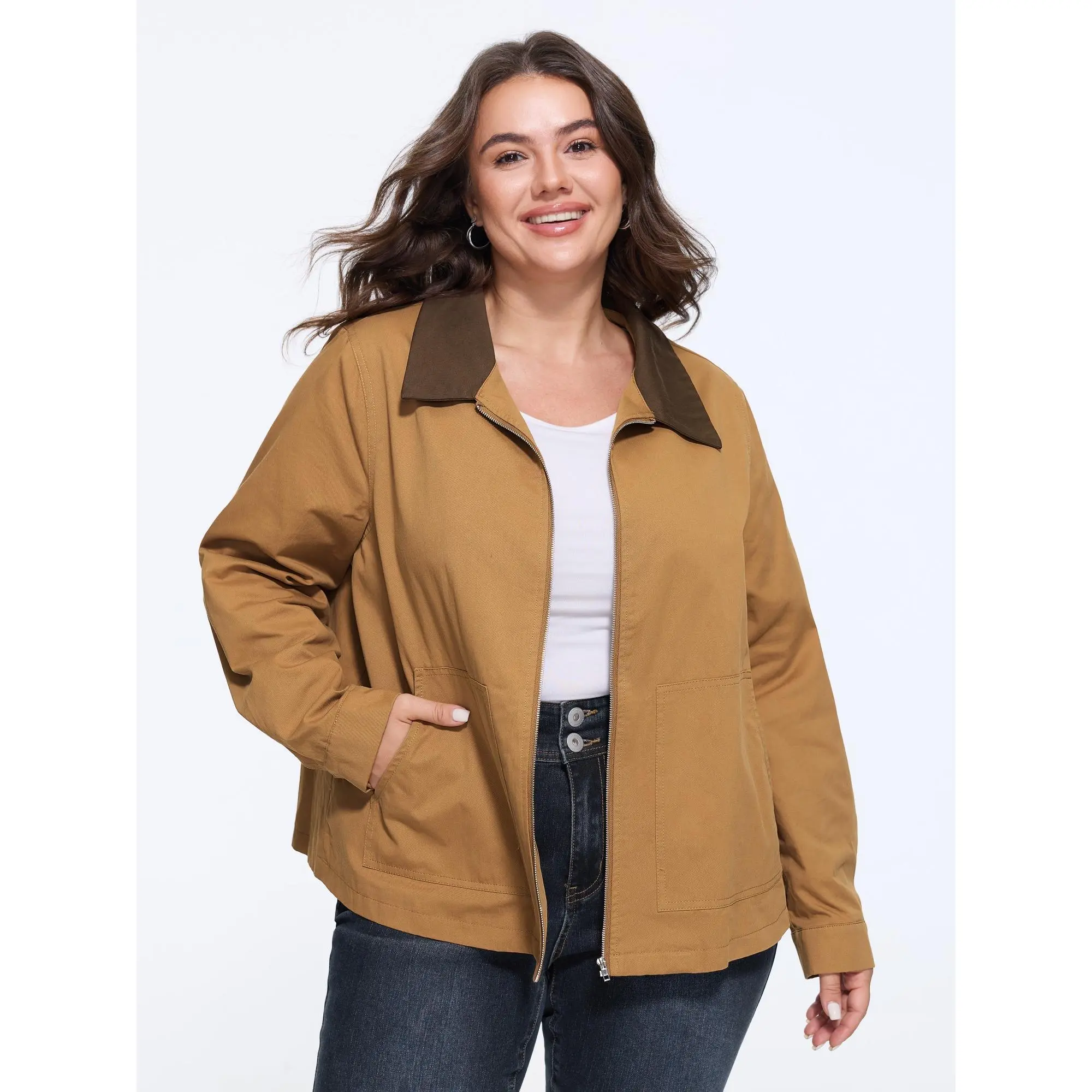BLOOMCHIC Plus Size Color Contrast Full Zip Pocket Jacket[M-6X] Back To School,Spotlight Day