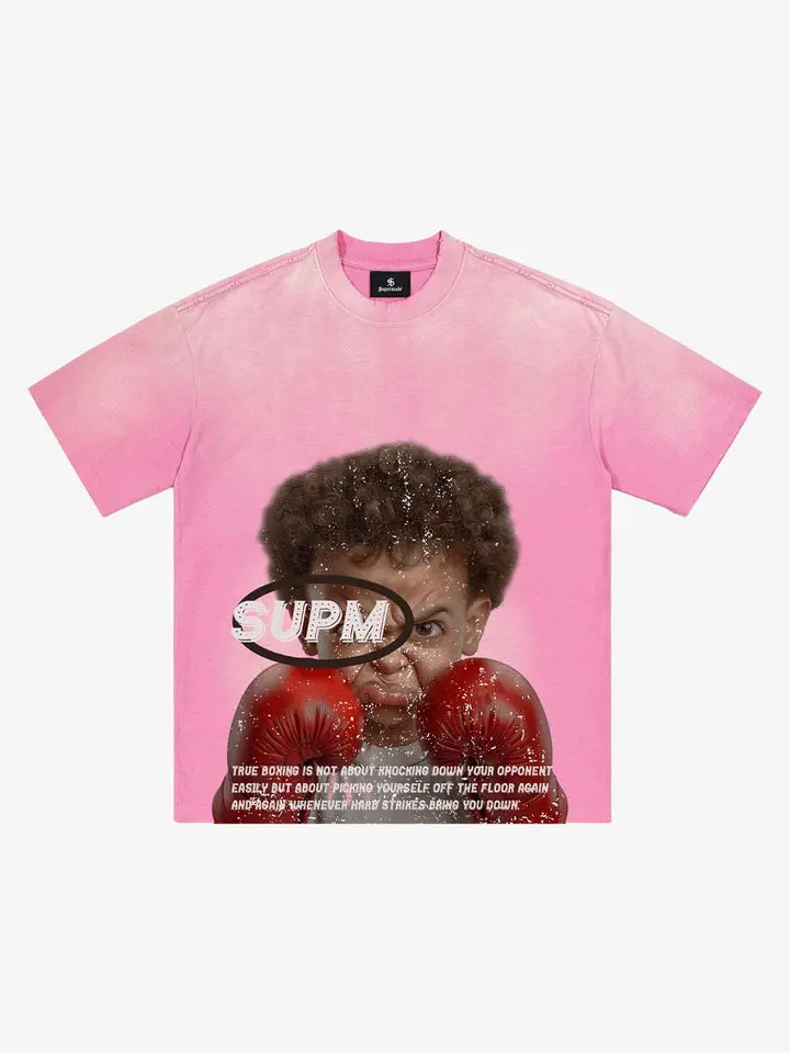 Thesupermade Pink Washed Boxing Graphic Tee | Acid Wash Vintage Distressed Print Streetwear T Shirt Men Women