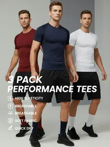 Men's 3 Pack Compression Workout T Shirts, Quick Dry Breathable Stretch Short Sleeve Gym Tops, Gym Athletic Clothes, High Performance Activewear, Workout Apparel, for Fitness, Boxing, Running, Basketball Training and Everyday Athletic Wear, Red Blue White
