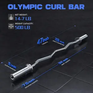 47inch Olympic Barbell Curl Bar EZ Bar Strength Training Bar Threaded Chrome Barbell Suitable for Weightlifting, Hip Thrusts, Squats, and Lunges, Weight Capacity of 440 Pounds stable fitness table power twister bar strength training elbow support ab