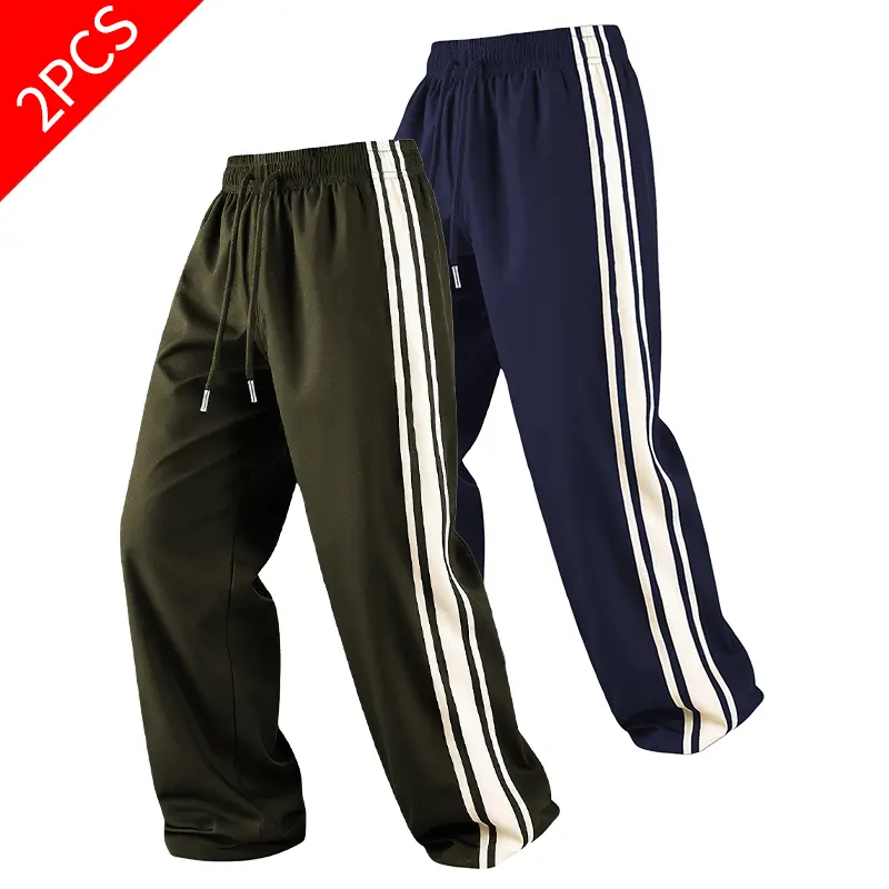 Men's 2-Pack Loose Fit Track Pants - Vintage Hip Hop Style Activewear with Side Stripes, Drawstring Elastic Waist, Menswear Sportswear for Athletic Casual Wear (Coffee Brown 2Pc, Gray 2Pc, Army Green+Blue, Black+Army Green, 2XL, Multi-Size), Drawstring Wa