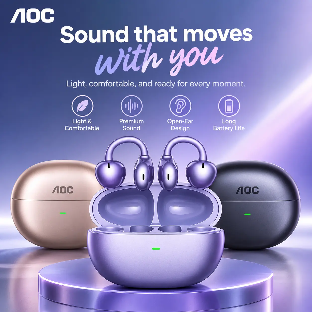 AOC Clip-On Wireless Headset - Bluetooth 6.0, Open-Ear Design, Stereo Audio, Ergonomic Comfort Fit, Sweat-Resistant Electronic Earbuds for Mobile PC Connection, Sports & Daily Use