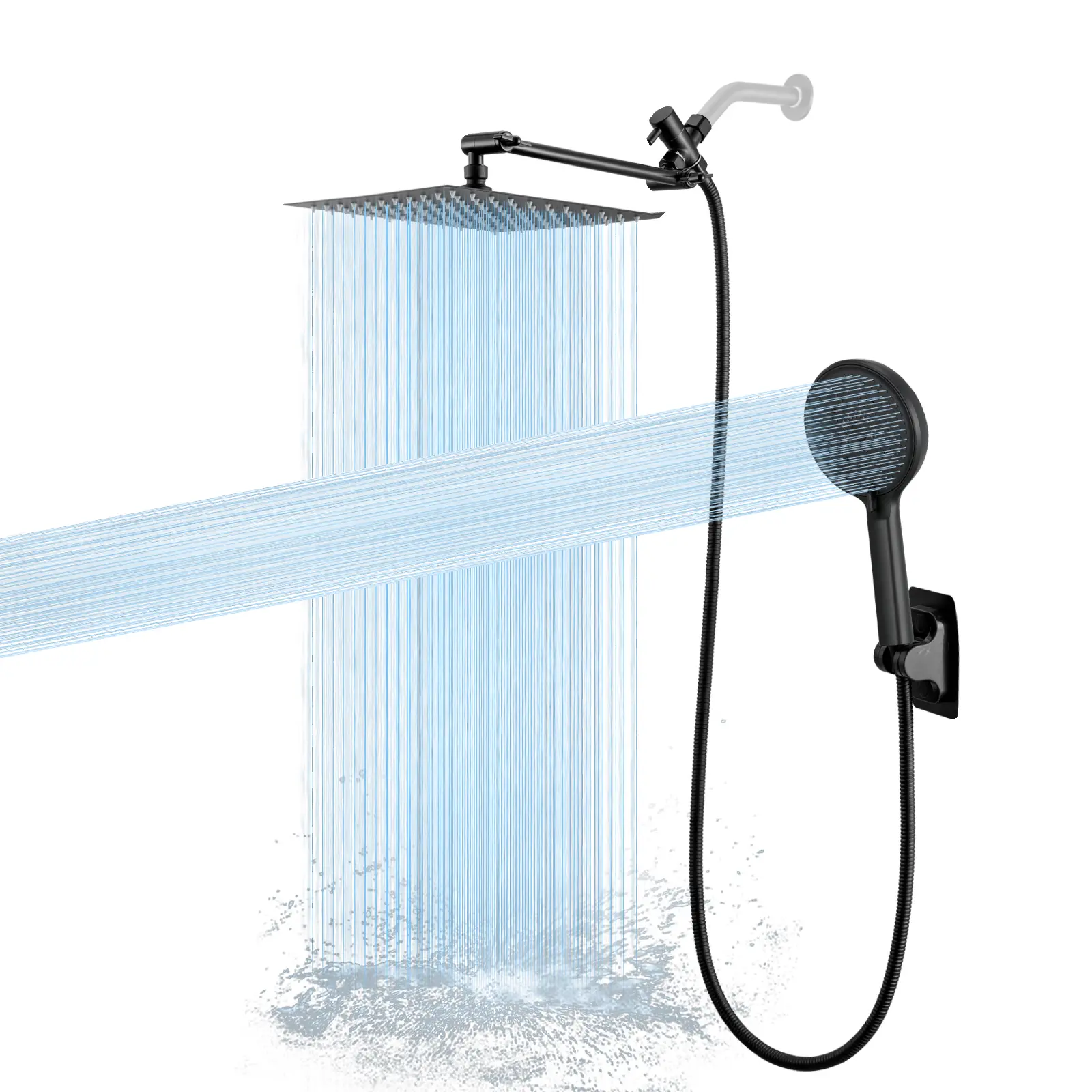 Shower head,  8/10 inch pressurized shower set, adjustable telescopic arm, 5 modes handheld showerhead, equipped with 11inch telescopic adjustment rods, matte black