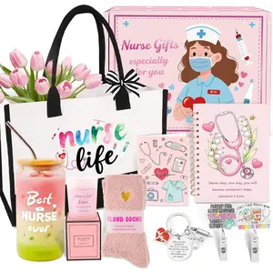 Nurse Gifts for Women, RN Nurse Practitioner Gift Baskets for Christmas Birthday Nurses Week Graduation, Bulk Appreciation Stuff with Canvas Tote Bag, Notebook, 16 Oz Glass Bottle, Badge Reel
