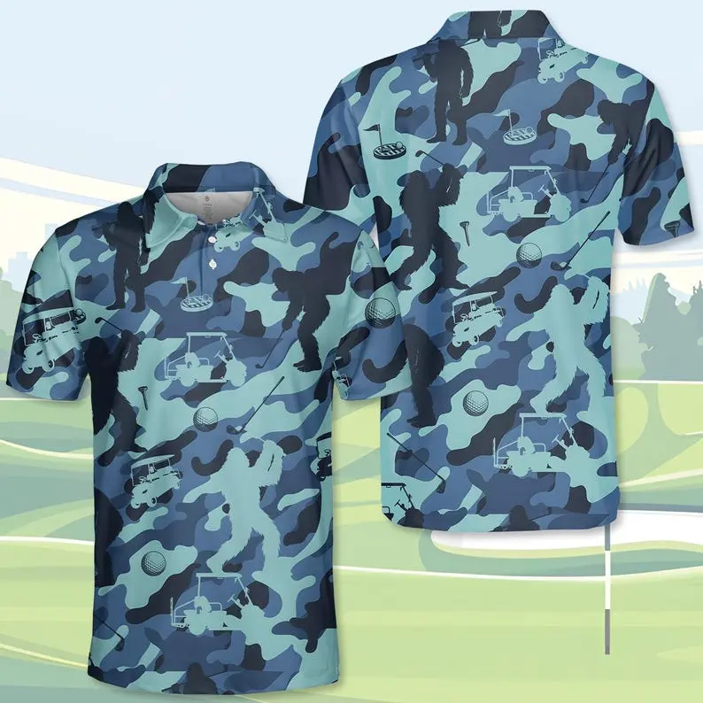 Bigfoot Golf Camo Polo Shirt for Men and Women, Funny Sasquatch Golfing Shirt, Blue Camo Golf Polo Button Up, Lightweight Summer Golf Shirt